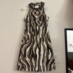 Elegant  Ann Taylor  size 4  Dress Brown/Cream Beaded Neckline Linen/Cotton